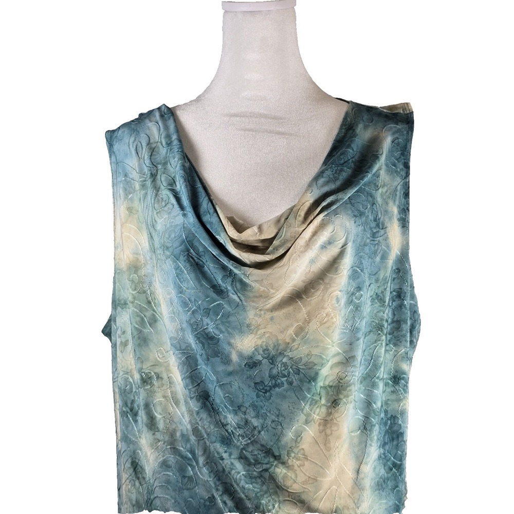 Shannon Ford Women's Top Cowl Neck Sleeveless Teal/Tan Embossed Size Large